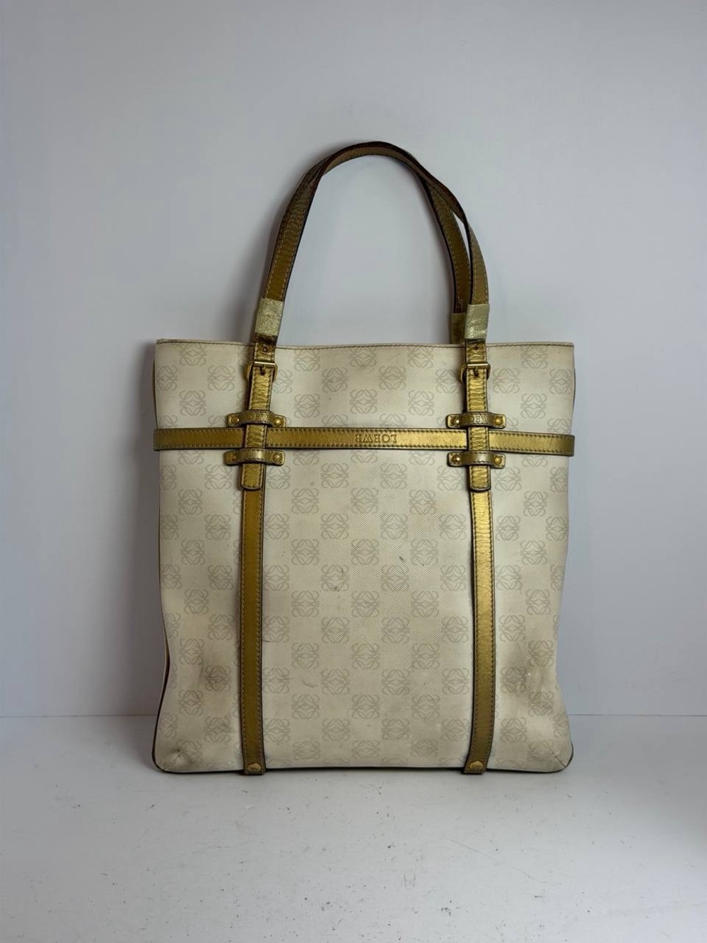 Loewe Anagram White Canvas and Metallic Trim Tote Bag